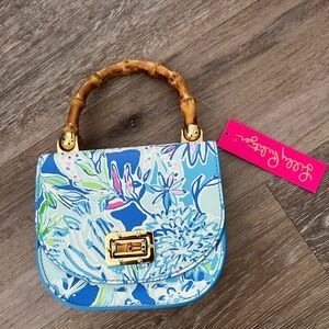 BRAND NEW Lilly Pulitzer Blue and Green Mini Bag with Bamboo Handle